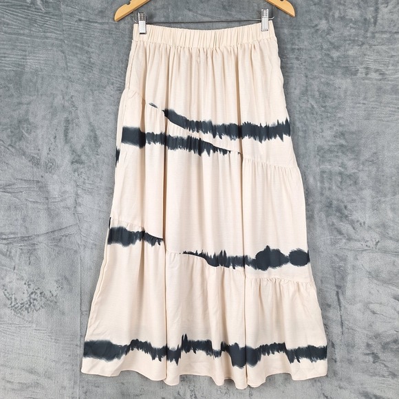 Womens Skirt 8 Cream Linen Boho Hippie Peasant Tiered Tie Dye Whimsical Midi - Picture 1 of 8